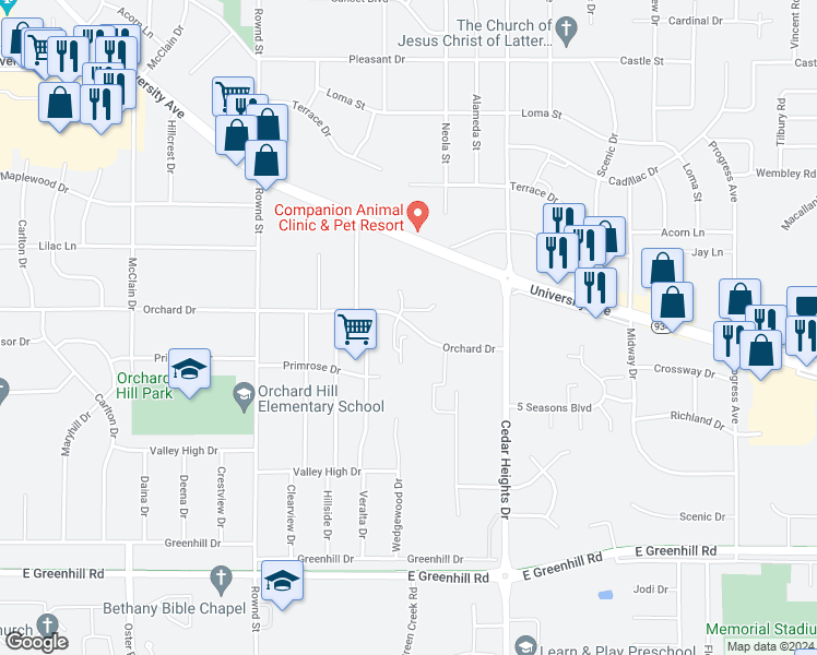 map of restaurants, bars, coffee shops, grocery stores, and more near 2633 Orchard Drive in Cedar Falls