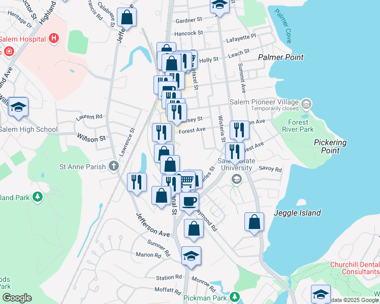 map of restaurants, bars, coffee shops, grocery stores, and more near 225 Canal Street in Salem
