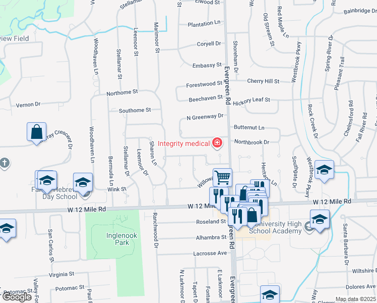 map of restaurants, bars, coffee shops, grocery stores, and more near 20380 Wildhern Street in Southfield