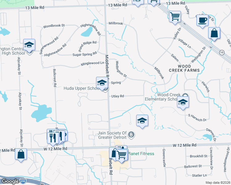 map of restaurants, bars, coffee shops, grocery stores, and more near 29230 Utley Road in Farmington Hills