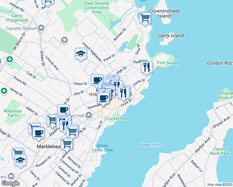 map of restaurants, bars, coffee shops, grocery stores, and more near 12 State Street in Marblehead