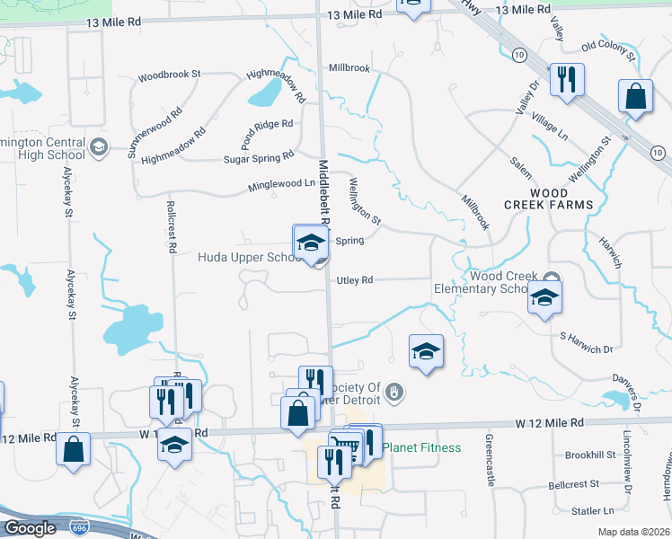 map of restaurants, bars, coffee shops, grocery stores, and more near 29230 Utley Road in Farmington Hills