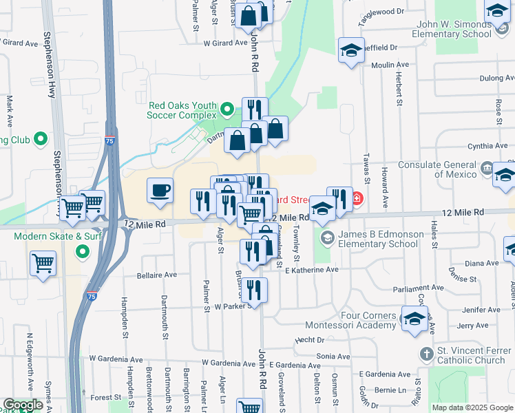 map of restaurants, bars, coffee shops, grocery stores, and more near in Madison Heights