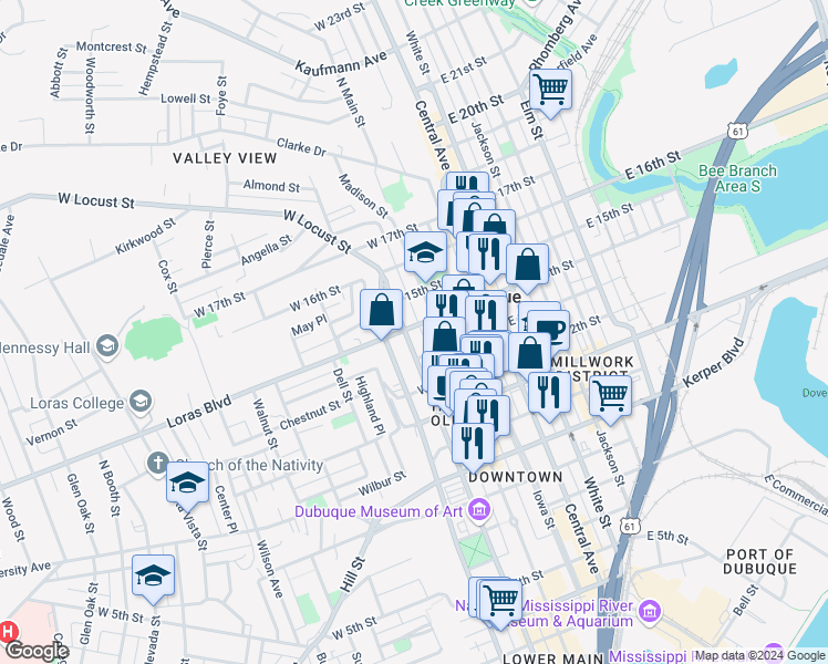 map of restaurants, bars, coffee shops, grocery stores, and more near 1394 Locust Street in Dubuque
