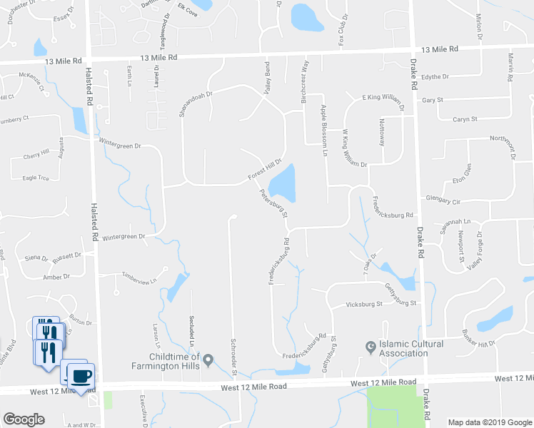 map of restaurants, bars, coffee shops, grocery stores, and more near 28769 Petersburg Street in Farmington Hills