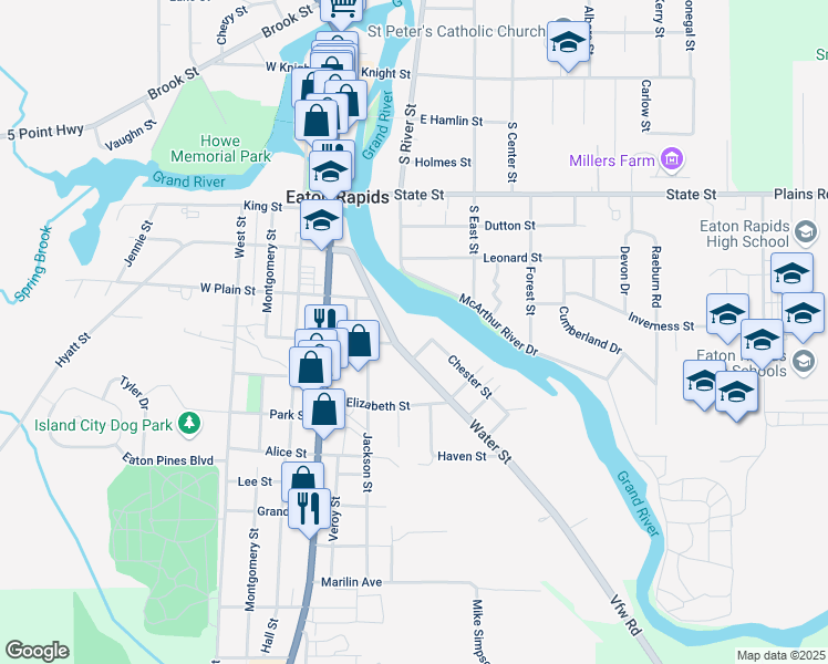 map of restaurants, bars, coffee shops, grocery stores, and more near 411 Lewis Street in Eaton Rapids