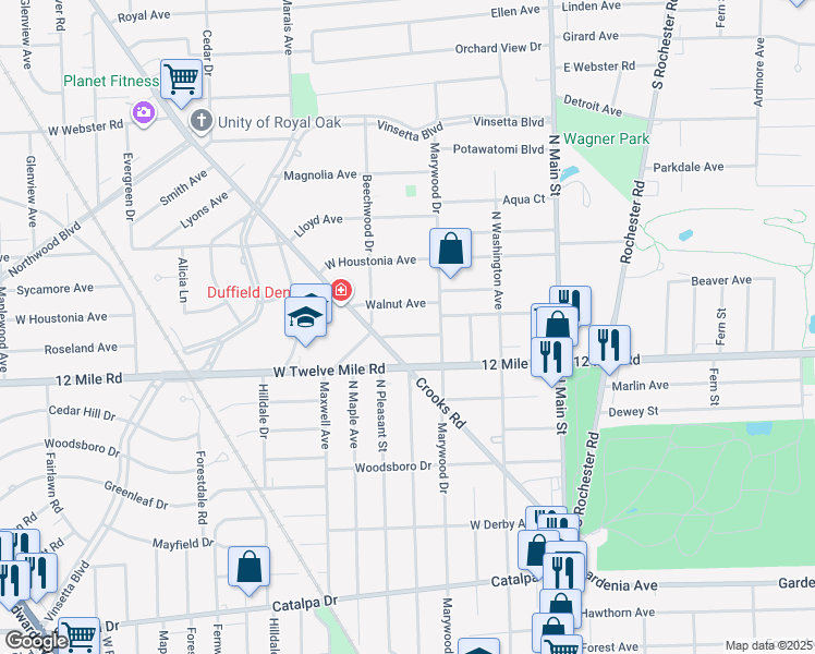 map of restaurants, bars, coffee shops, grocery stores, and more near 532 Cherry Avenue in Royal Oak