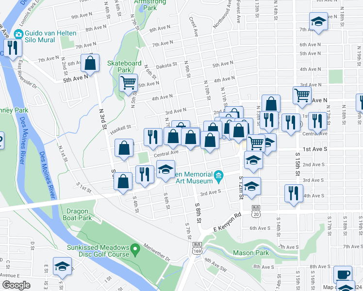 map of restaurants, bars, coffee shops, grocery stores, and more near 712 Central Avenue in Fort Dodge