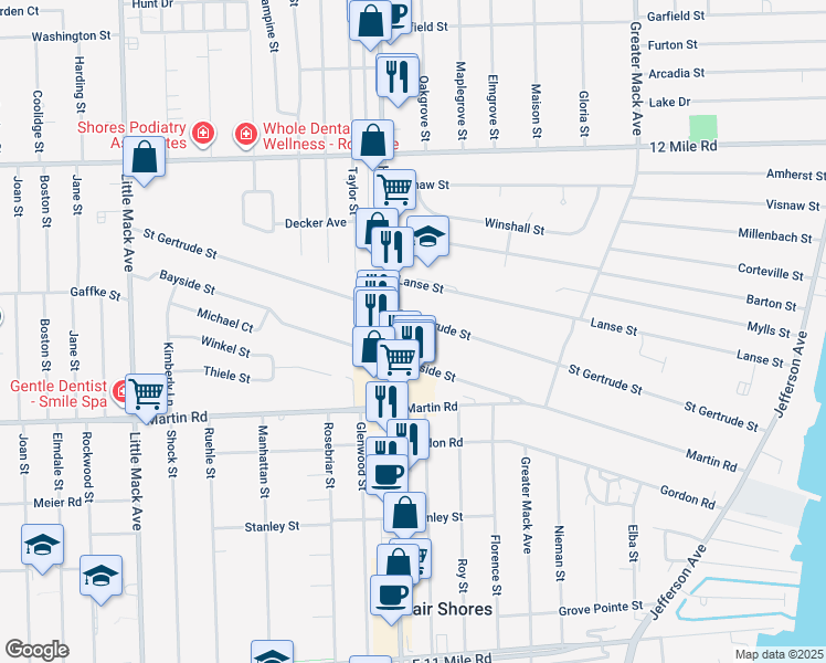 map of restaurants, bars, coffee shops, grocery stores, and more near 21520 Saint Gertrude Street in St. Clair Shores