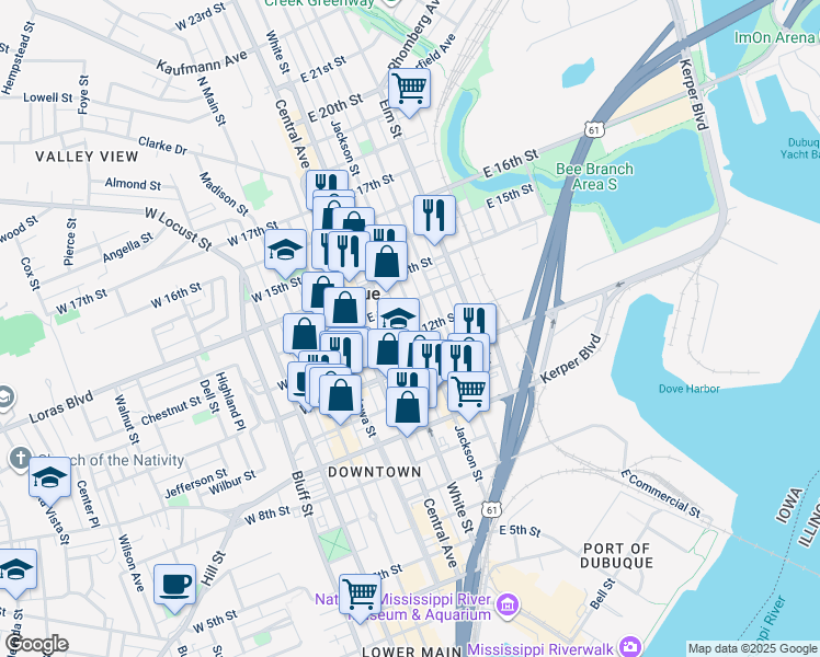 map of restaurants, bars, coffee shops, grocery stores, and more near 1252 Iowa 3 in Dubuque