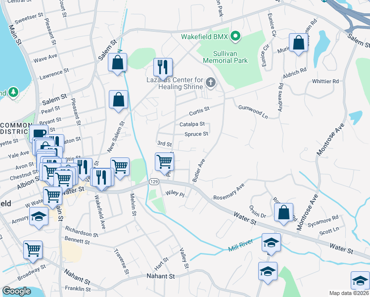 map of restaurants, bars, coffee shops, grocery stores, and more near 68 Preston Street in Wakefield