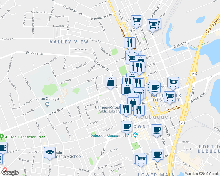map of restaurants, bars, coffee shops, grocery stores, and more near 407 Loras Boulevard in Dubuque