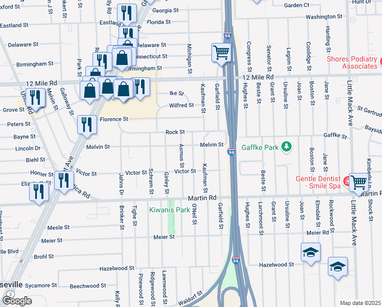 map of restaurants, bars, coffee shops, grocery stores, and more near 28209 O'Neil Street in Roseville
