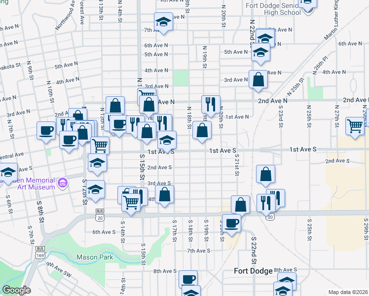 map of restaurants, bars, coffee shops, grocery stores, and more near 17 S 17th St in Fort Dodge