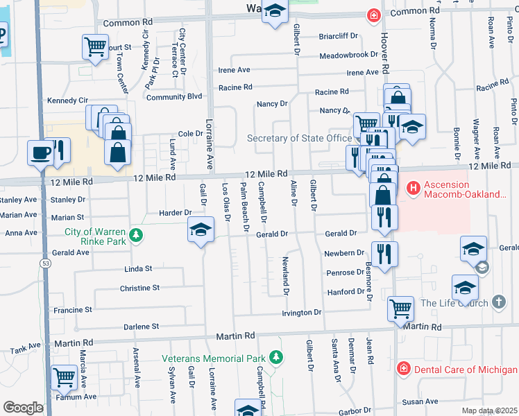 map of restaurants, bars, coffee shops, grocery stores, and more near 28689 Campbell Drive in Warren