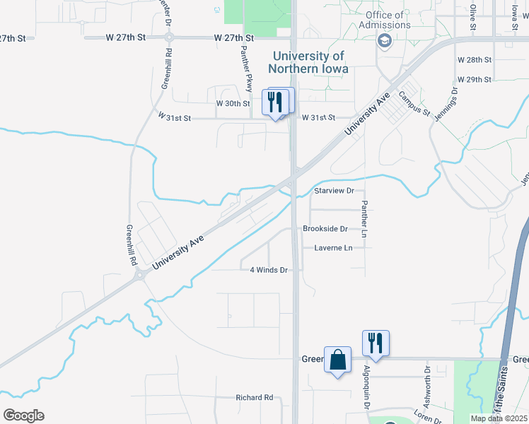 map of restaurants, bars, coffee shops, grocery stores, and more near 9025 University Avenue in Cedar Falls