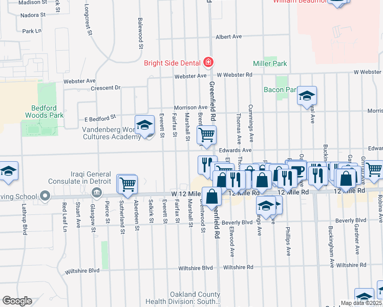 map of restaurants, bars, coffee shops, grocery stores, and more near 29292 Marshall Street in Southfield