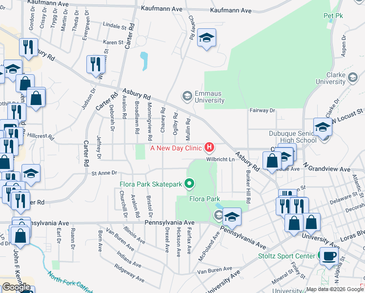 map of restaurants, bars, coffee shops, grocery stores, and more near 2535 Hillcrest Road in Dubuque