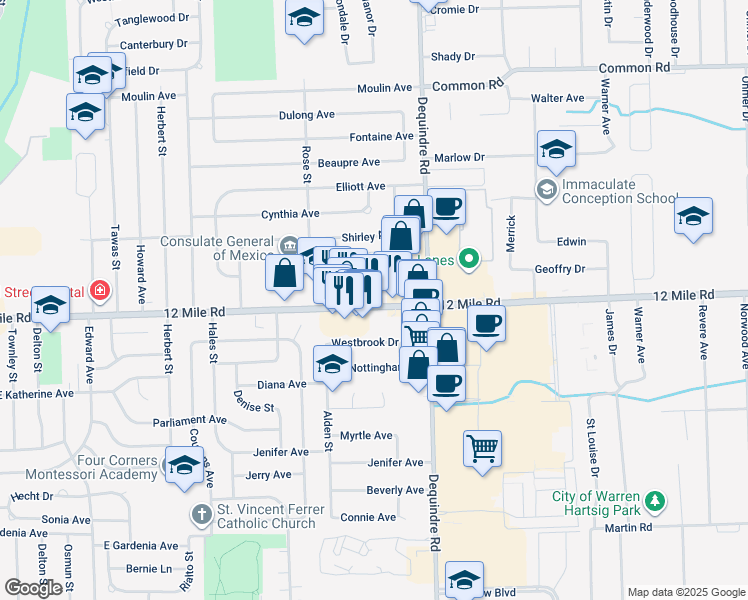 map of restaurants, bars, coffee shops, grocery stores, and more near 1655 East 12 Mile Road in Madison Heights