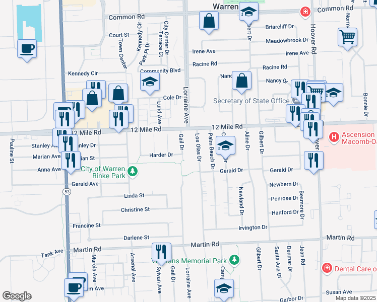 map of restaurants, bars, coffee shops, grocery stores, and more near 28695 Los Olas Drive in Warren