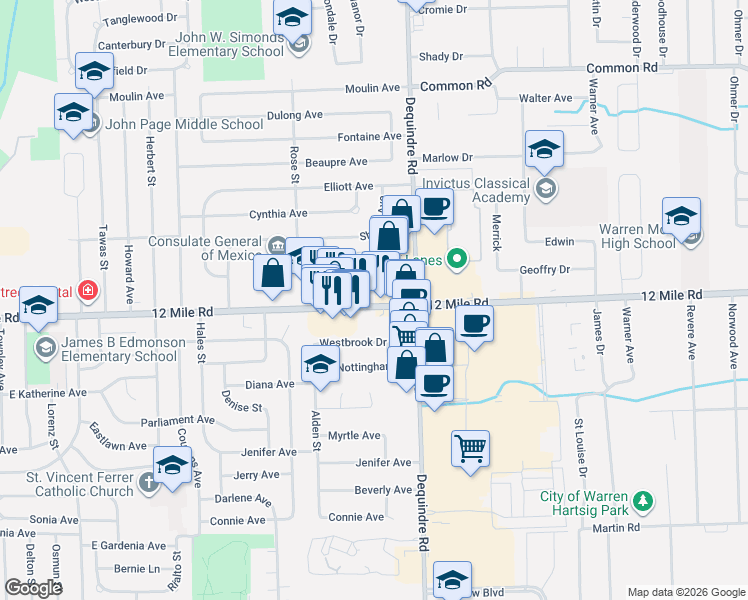 map of restaurants, bars, coffee shops, grocery stores, and more near 1655 East 12 Mile Road in Madison Heights