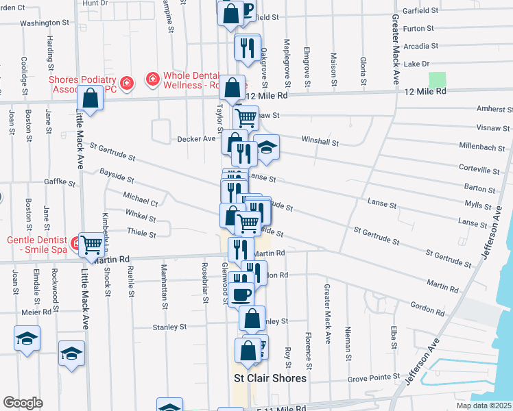 map of restaurants, bars, coffee shops, grocery stores, and more near 21520 Saint Gertrude Street in St. Clair Shores