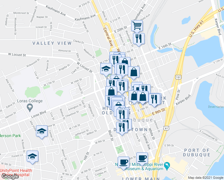 map of restaurants, bars, coffee shops, grocery stores, and more near 1348 Main Street in Dubuque