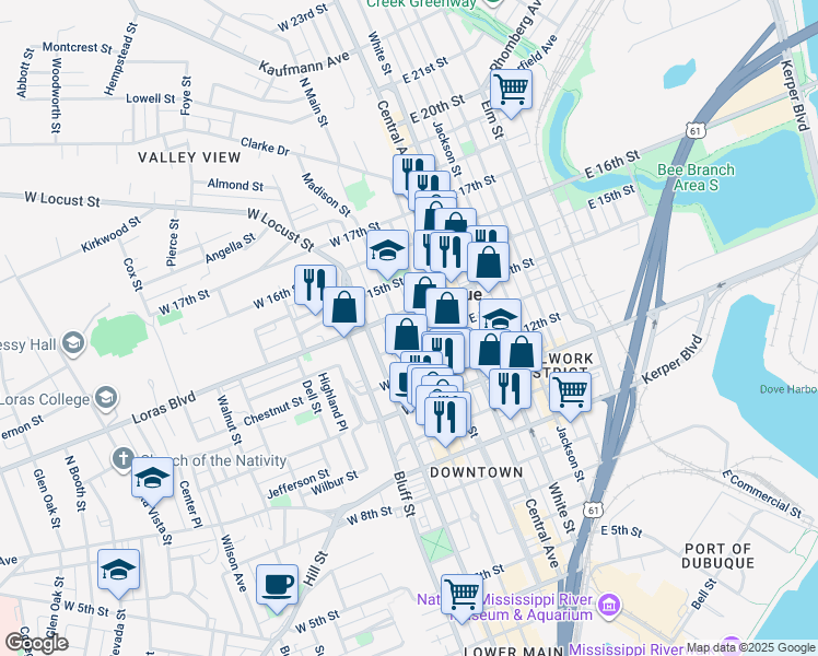 map of restaurants, bars, coffee shops, grocery stores, and more near 1348 Main Street in Dubuque