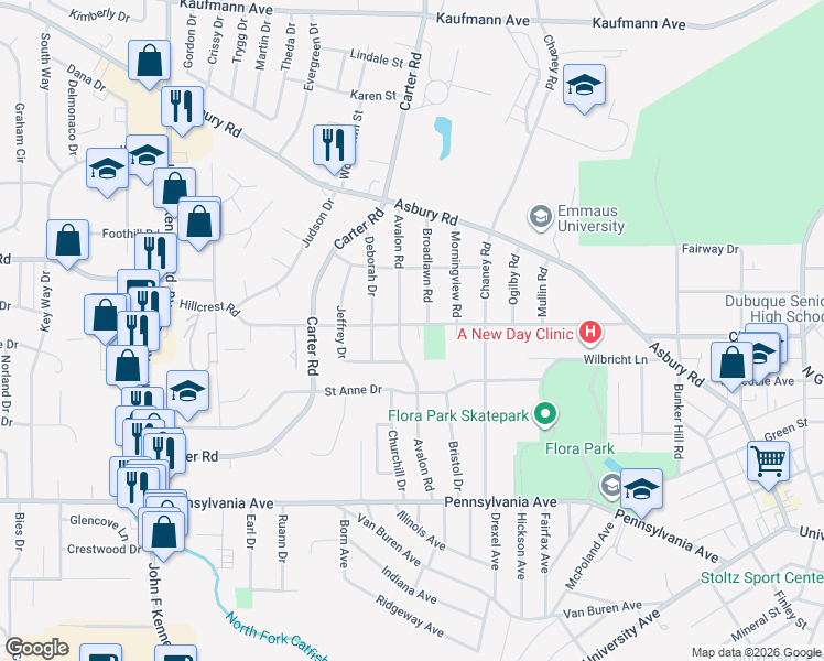 map of restaurants, bars, coffee shops, grocery stores, and more near 2955 Hillcrest Road in Dubuque