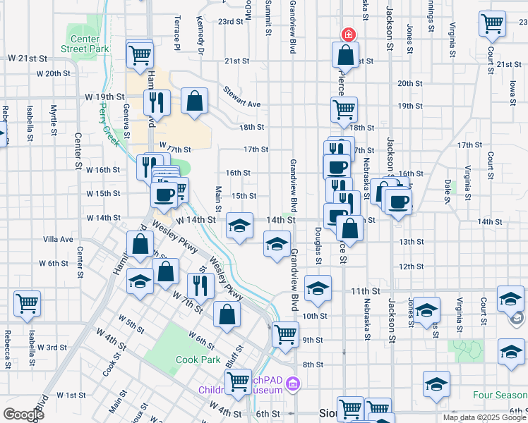 map of restaurants, bars, coffee shops, grocery stores, and more near 1407 Summit Street in Sioux City