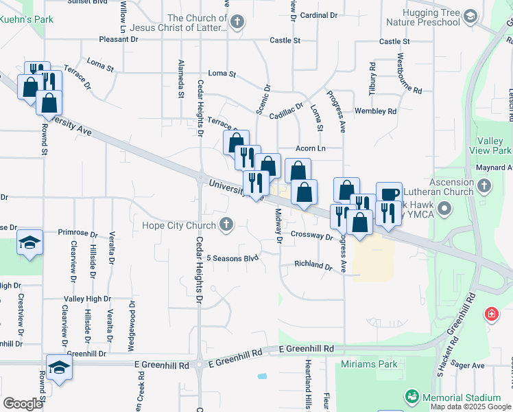 map of restaurants, bars, coffee shops, grocery stores, and more near 4129 University Ave in Cedar Falls