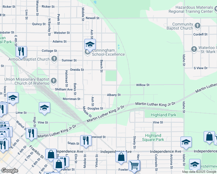 map of restaurants, bars, coffee shops, grocery stores, and more near 726 Willow Street in Waterloo