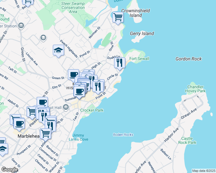 map of restaurants, bars, coffee shops, grocery stores, and more near 7 Merritt Street in Marblehead