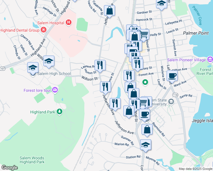 map of restaurants, bars, coffee shops, grocery stores, and more near 72 Lawrence Street in Salem