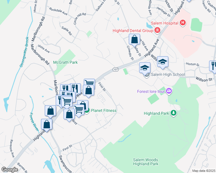 map of restaurants, bars, coffee shops, grocery stores, and more near 201 Highland Avenue in Salem