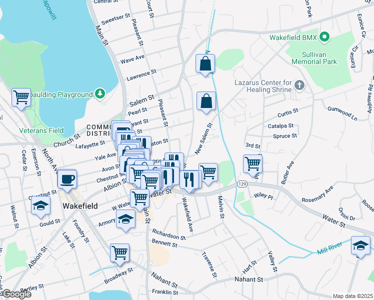 map of restaurants, bars, coffee shops, grocery stores, and more near 255 Vernon Street in Wakefield