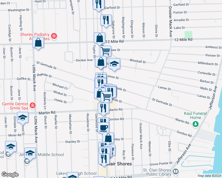 map of restaurants, bars, coffee shops, grocery stores, and more near 21520 Saint Gertrude Street in St. Clair Shores