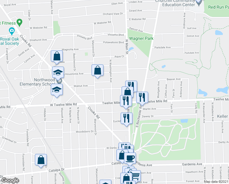 map of restaurants, bars, coffee shops, grocery stores, and more near 1841 North Center Street in Royal Oak