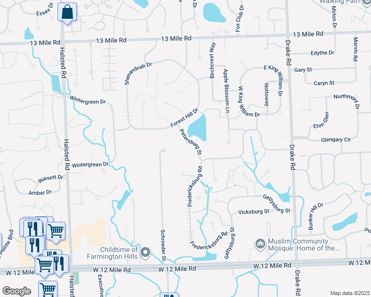 map of restaurants, bars, coffee shops, grocery stores, and more near 28769 Petersburg Street in Farmington Hills