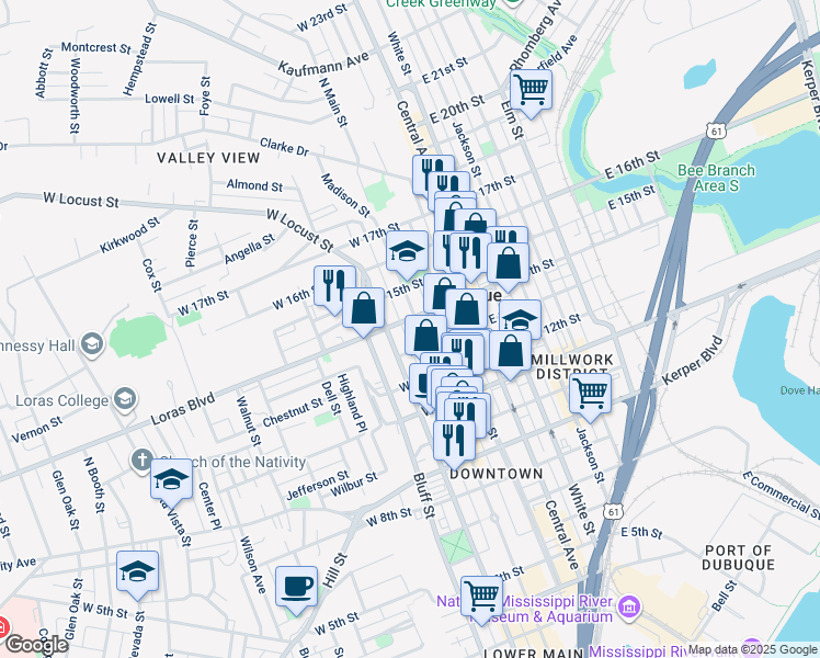 map of restaurants, bars, coffee shops, grocery stores, and more near 1394 Locust Street in Dubuque