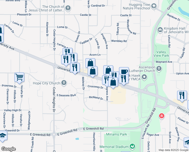 map of restaurants, bars, coffee shops, grocery stores, and more near 4014 University Avenue in Waterloo