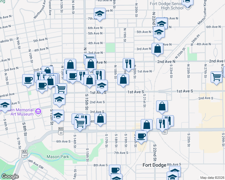 map of restaurants, bars, coffee shops, grocery stores, and more near 17 S 17th St in Fort Dodge