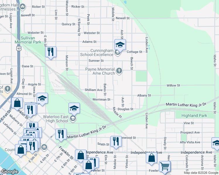 map of restaurants, bars, coffee shops, grocery stores, and more near 415 Shilliam Avenue in Waterloo