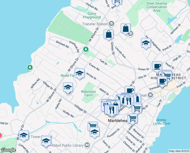 map of restaurants, bars, coffee shops, grocery stores, and more near 63 Jersey Street in Marblehead