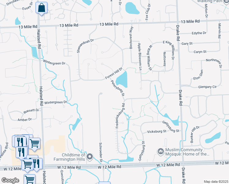 map of restaurants, bars, coffee shops, grocery stores, and more near 28769 Petersburg Street in Farmington Hills