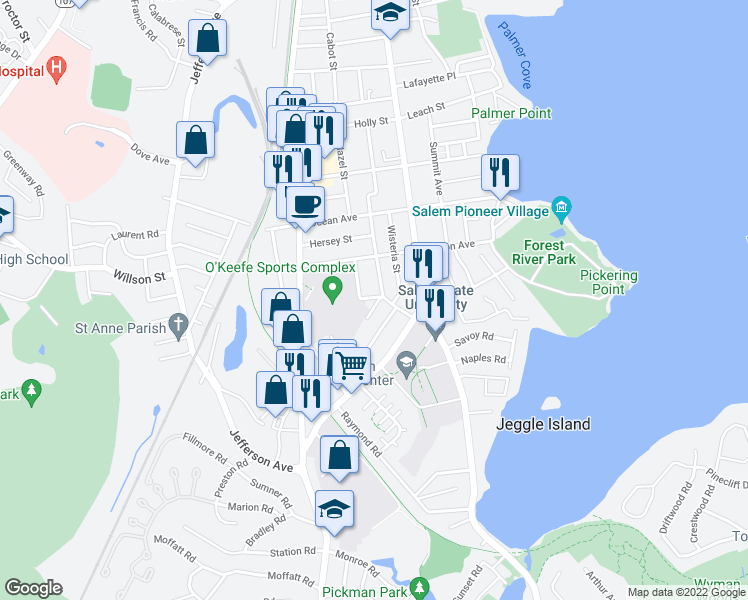 map of restaurants, bars, coffee shops, grocery stores, and more near 96 Atlantic Street in Salem