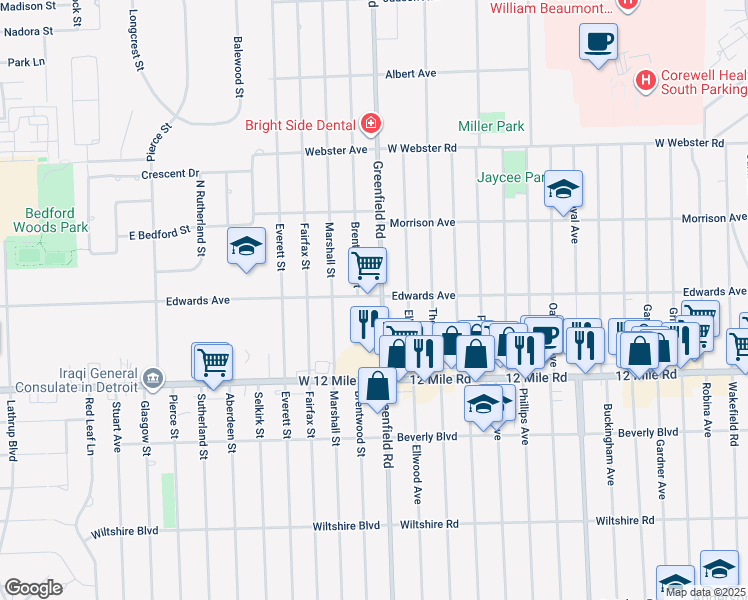 map of restaurants, bars, coffee shops, grocery stores, and more near 9255 Edwards Avenue in Southfield