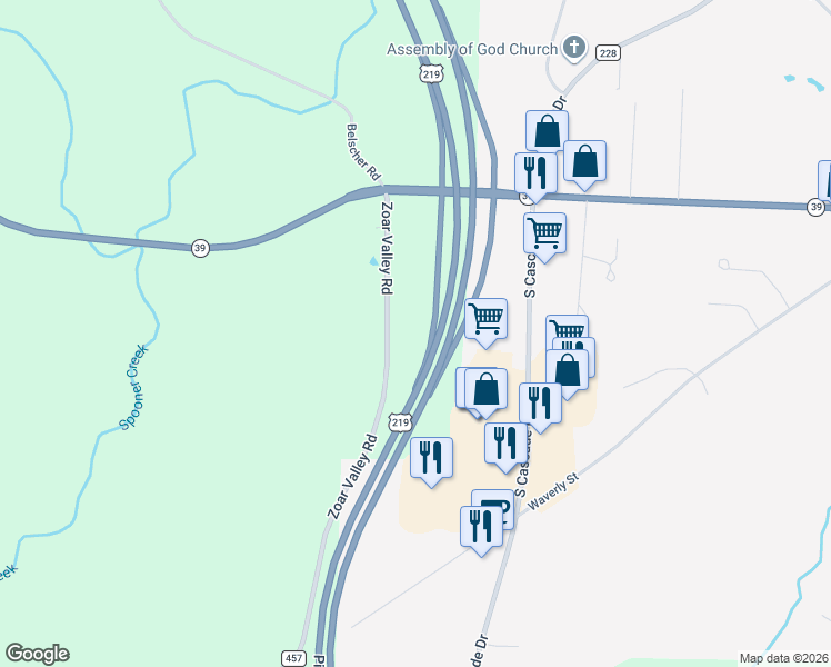 map of restaurants, bars, coffee shops, grocery stores, and more near Zoar Valley Road in Springville