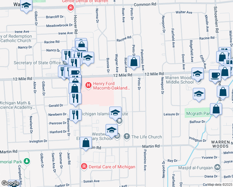 map of restaurants, bars, coffee shops, grocery stores, and more near 28601 Imperial Drive in Warren