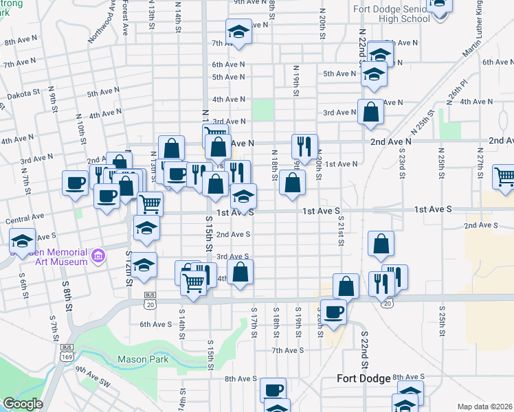 map of restaurants, bars, coffee shops, grocery stores, and more near 17 South 17th Street in Fort Dodge